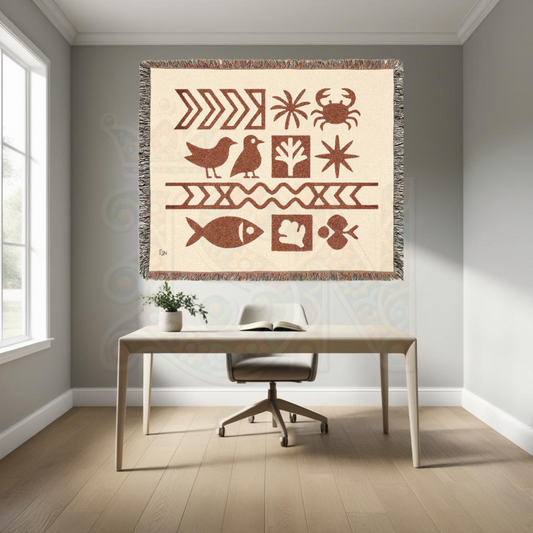 Symbols of the Shoreline – West African Inspired Woven Blanket, Nature Motif Throw, Minimalist Coastal Textile Arts