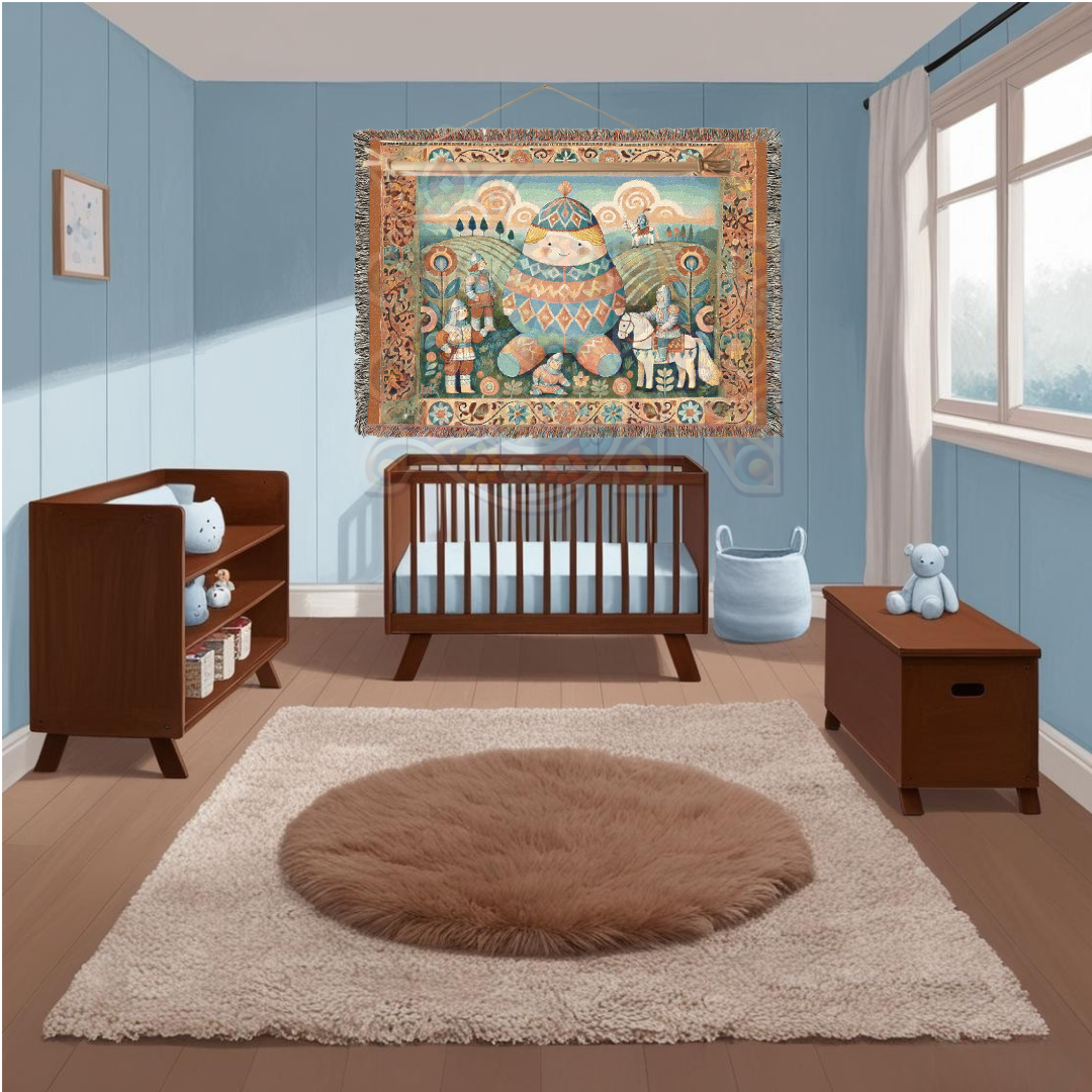 Humpty Dumpty & The Tiny Knights Woven Blanket, Fairytale Medieval Folk Art Throw – 100% Cotton Cozy Tapestry