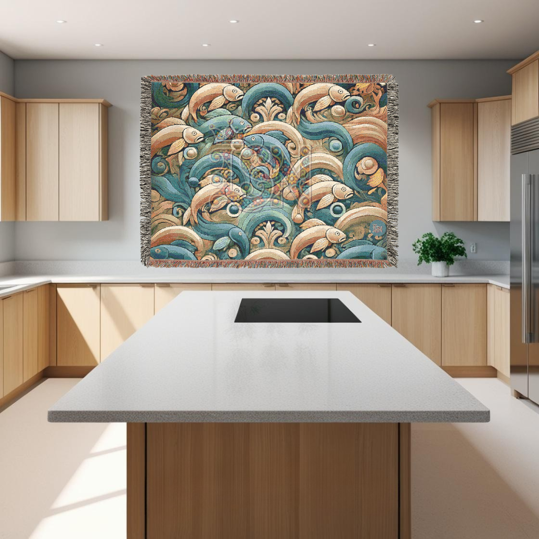 River Dance Folk Art Woven Blanket – Vibrant Fish & Flowing Water Nature-Inspired Throw
