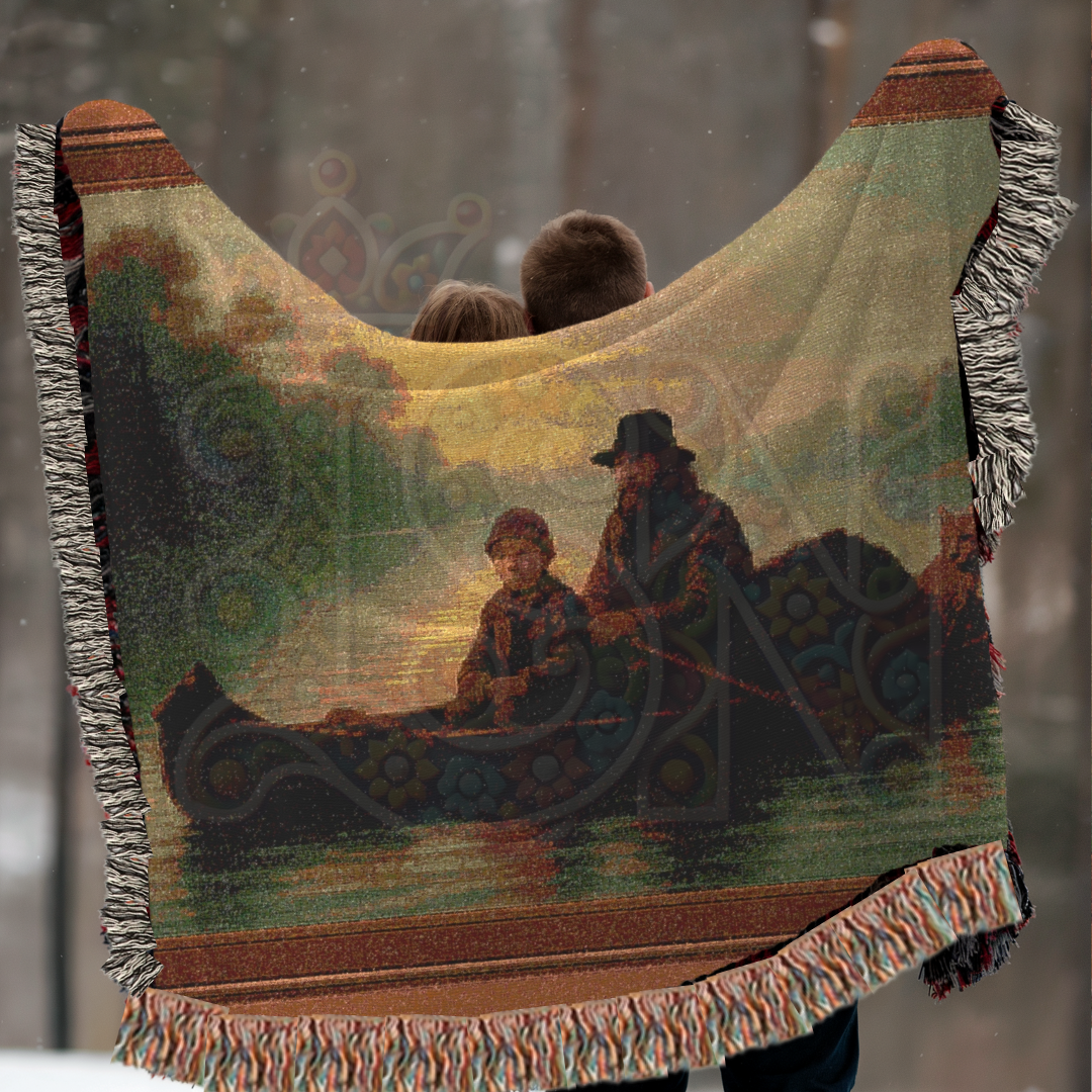 Evening Voyage – Folk Art Woven Throw Blanket with Canoe Scene