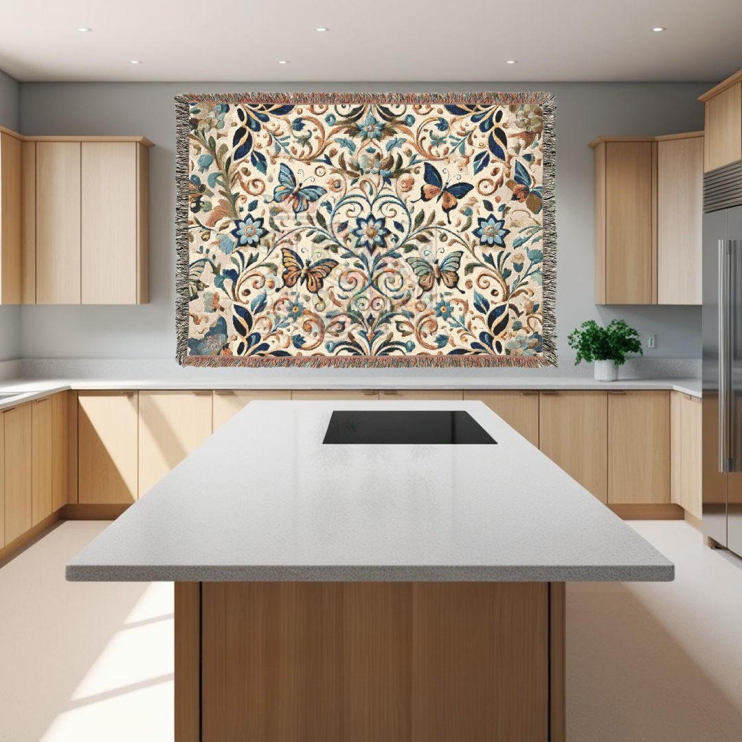 Garden Whispers Blue Butterfly Folk Art Woven Blanket – Serene Nature-Inspired Throw with Elegant Butterflies & Floral Motifs