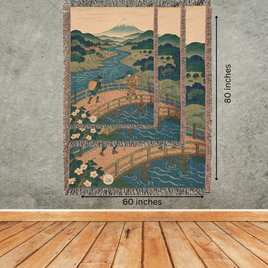 Bridge to the Mountain – Japanese Ukiyo-e Style Woven Blanket with River and Travelers