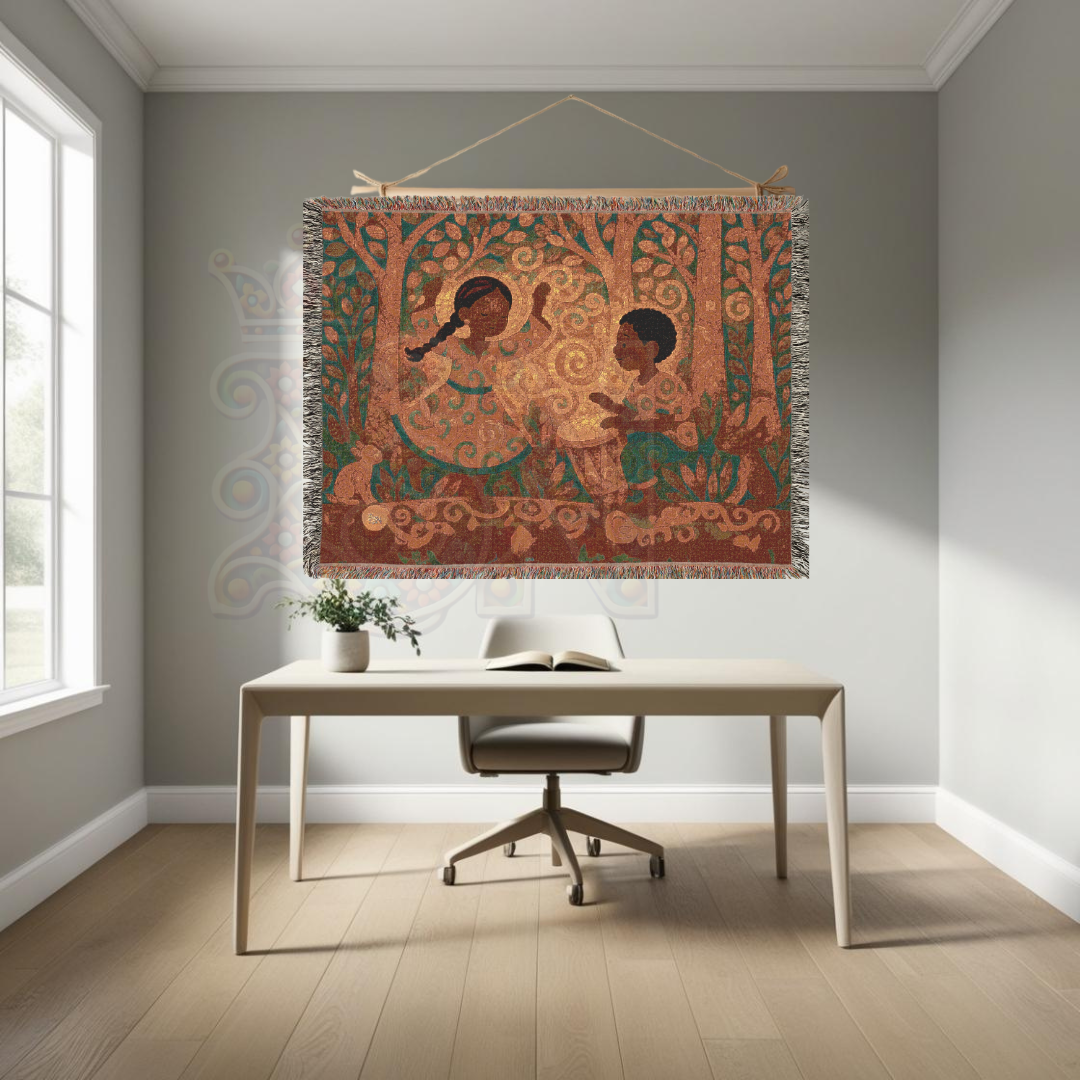 The Drummer Who Knew the Forest – African Folk Art Woven Blanket, Story Throw, Cozy Gift for Music Lovers, Nature-Inspired Decor