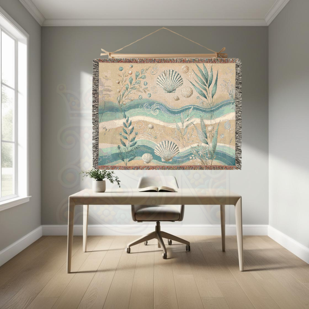 Coastal Woven Blanket – 100% Cotton Nautical Throw | Beach House Tapestry | Ocean-Inspired Shell & Seaweed Decor | Boho Coastal Gift