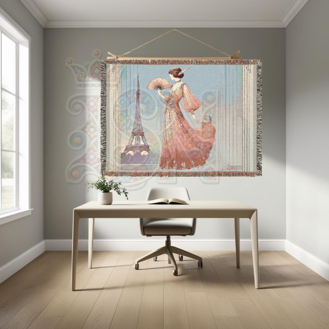 Art Deco Paris Woven Blanket 🇫🇷 100% Cotton Throw with Elegant Woman & Eiffel Tower – Vintage-Inspired Tapestry for Chic Home Décor
