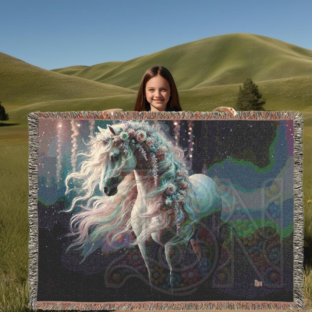 Magical Horse Woven Blanket – Fantasy Tapestry Throw – Mystical Horse with Floral Mane – Fairy Tale-Inspired Decor – Cozy Cottagecore & Gothic Aesthetic
