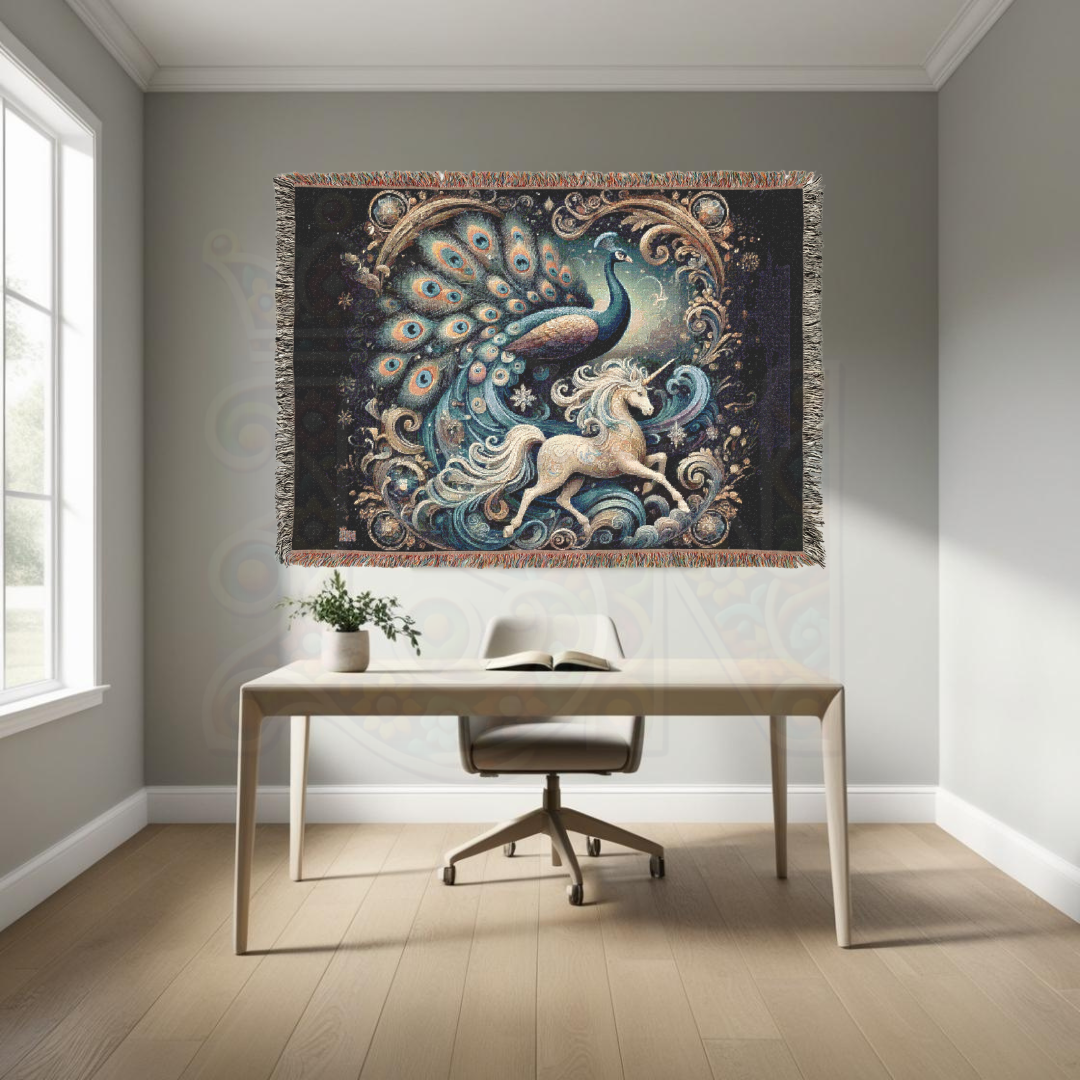 Peacock & Unicorn Woven Blanket | 100% Cotton Fantasy Tapestry | Gothic Fairytale Throw | Celestial Art Decor | Enchanted Cozy Gift