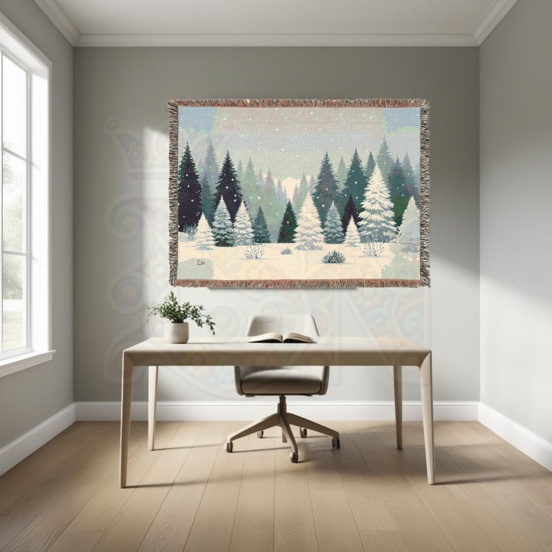 Snowy Forest Winter Woven Blanket – Cozy Snow-Covered Pines Tapestry Throw, Serene Nordic Winter Landscape for Home Decor