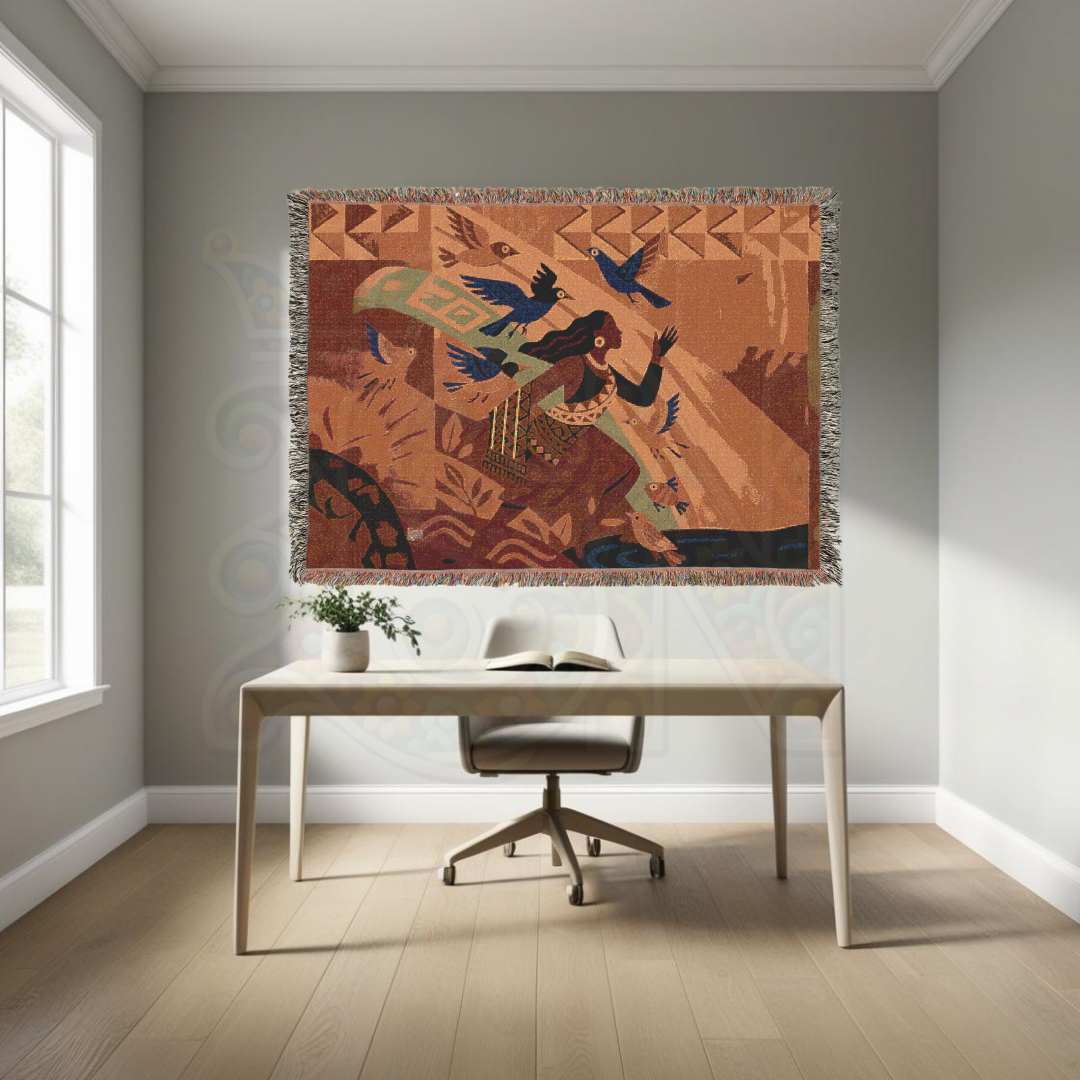 She Rose with the Birds – African Folk Art Woven Blanket, Symbolic Story Throw, Freedom-Inspired Tapestry, Gift for Women, Bold Home Decor