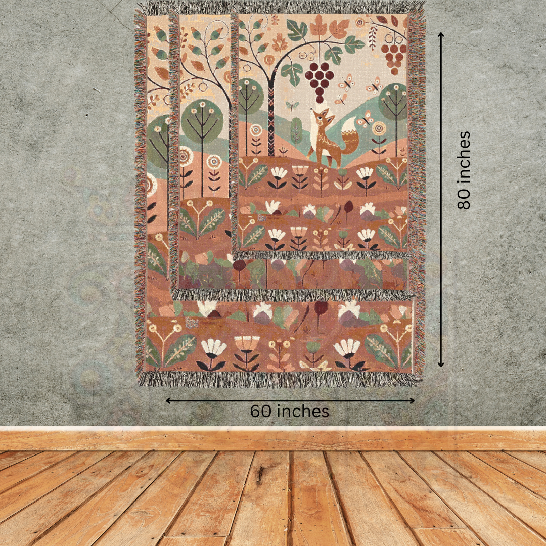 Folk Art Fox and Grapes Woven Blanket – 100% Cotton Throw for Cozy Woodland Decor