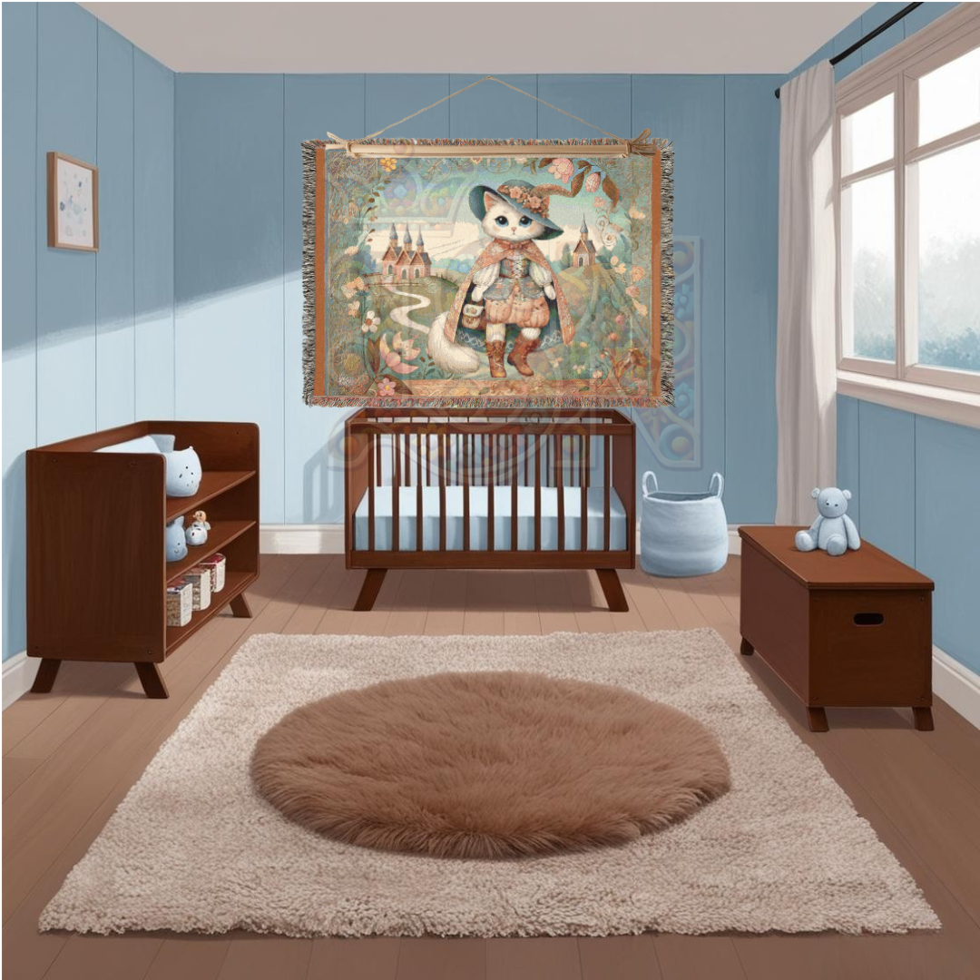 Whimsical Puss in Boots Cat Blanket – Fairytale-Inspired Tapestry Throw, Cottagecore Home Decor, Storybook Cozy Gift for Cat Lovers