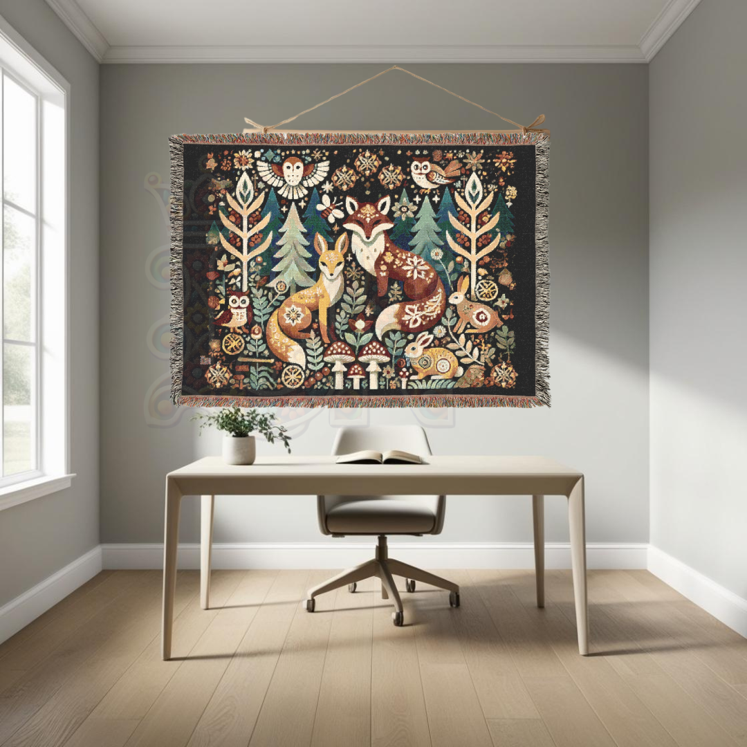 Cozy Woodland Fox Tapestry Blanket – Folk Art Forest Animals Woven Throw, Rustic Boho Nature-Inspired Decor, Perfect for Fox Lovers & Cabin Vibes