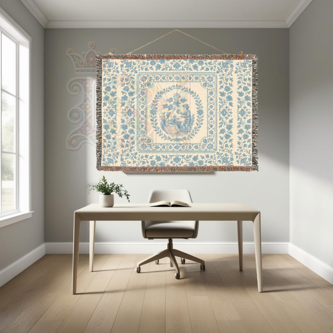French Country Toile Woven Blanket – Blue & Cream Cotton Throw for Bed, Sofa or Wall Art – Romantic Tapestry Blanket Décor