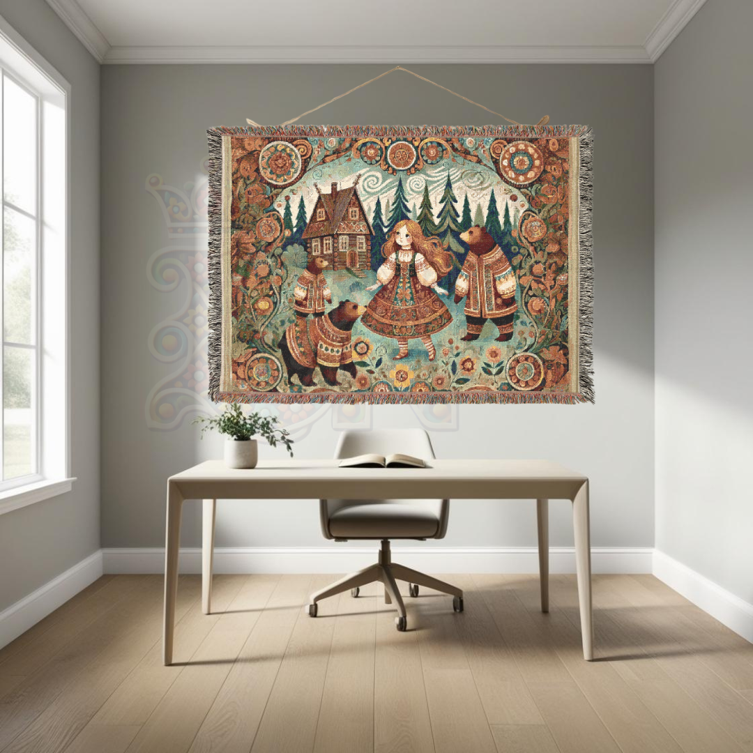 Goldilocks & Three Bears Woven Blanket – Cozy Folk Art Tapestry, 100% Cotton Fairytale Throw, Rustic Cottagecore Decor, Storybook Gift