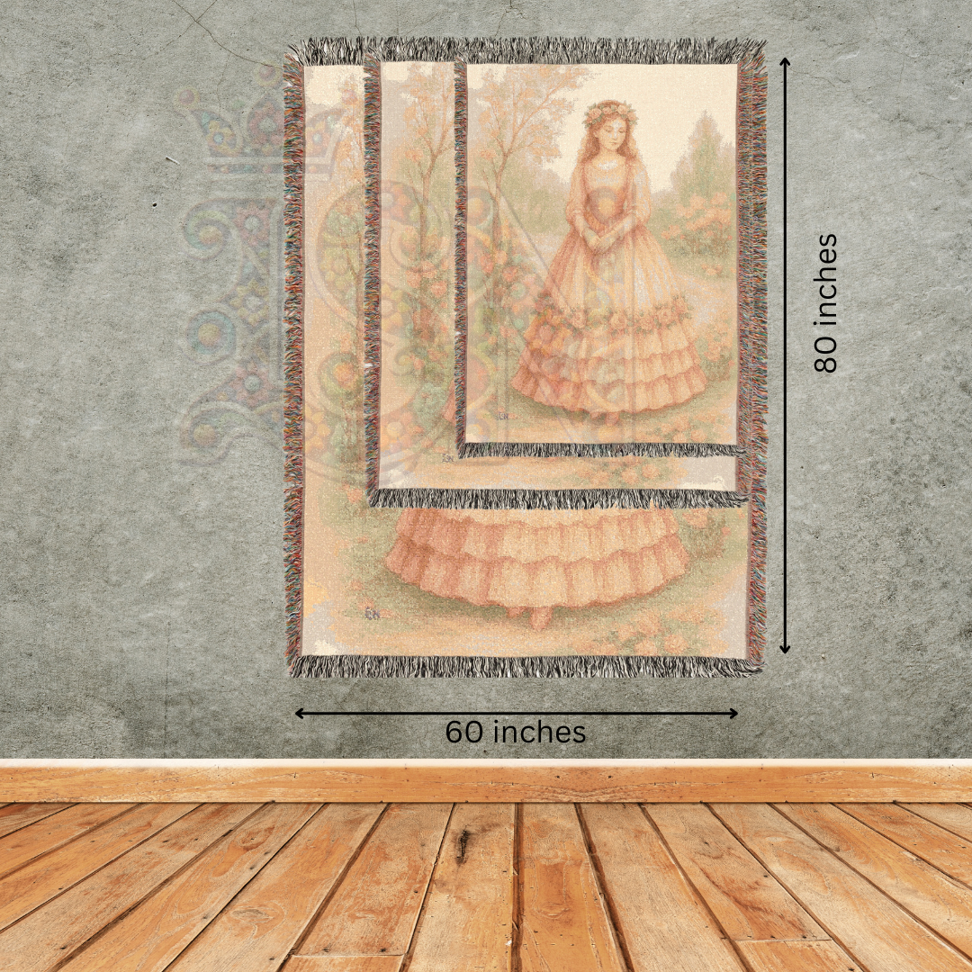 Dreaming Fairy Maiden – Fairycore Woven Blanket with Soft Pastel Floral Garden