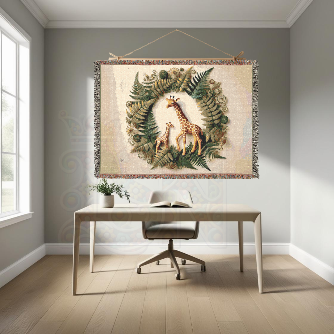 Safari Woven Blanket – Giraffe & Fern Tapestry – Botanical Jungle Throw – African Wildlife Nature Decor – Cozy Boho Safari Home Accent