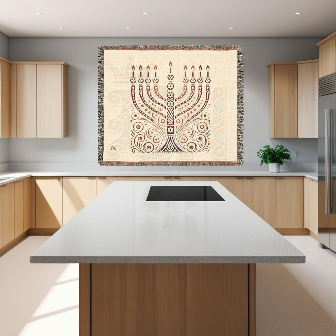 Radiant Menorah Folk Art Woven Blanket – Hanukkah Symbol of Light & Tradition Throw