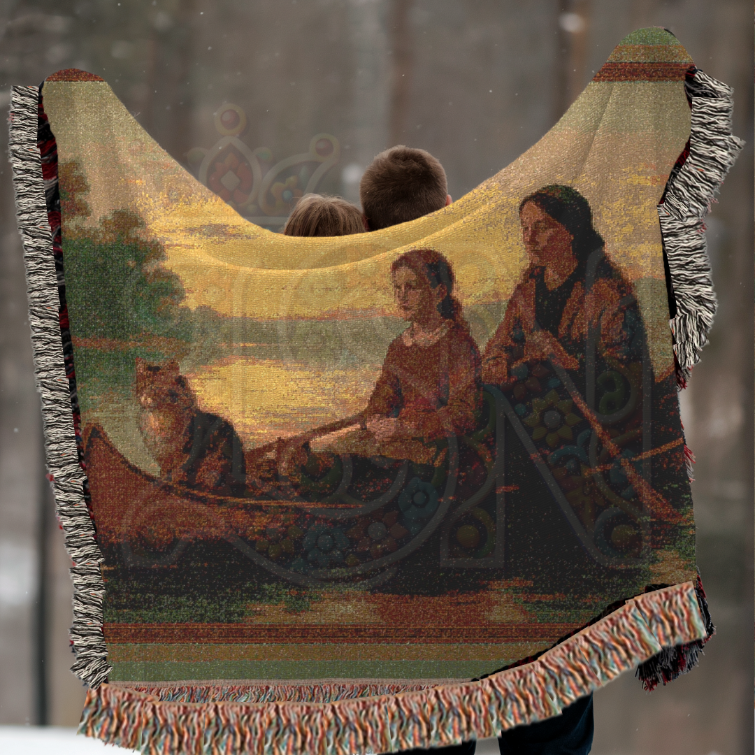 The Journey Home – Frontier Canoe Woven Blanket, Folk Art Throw Featuring Mother, Daughter & Cat at Sunset