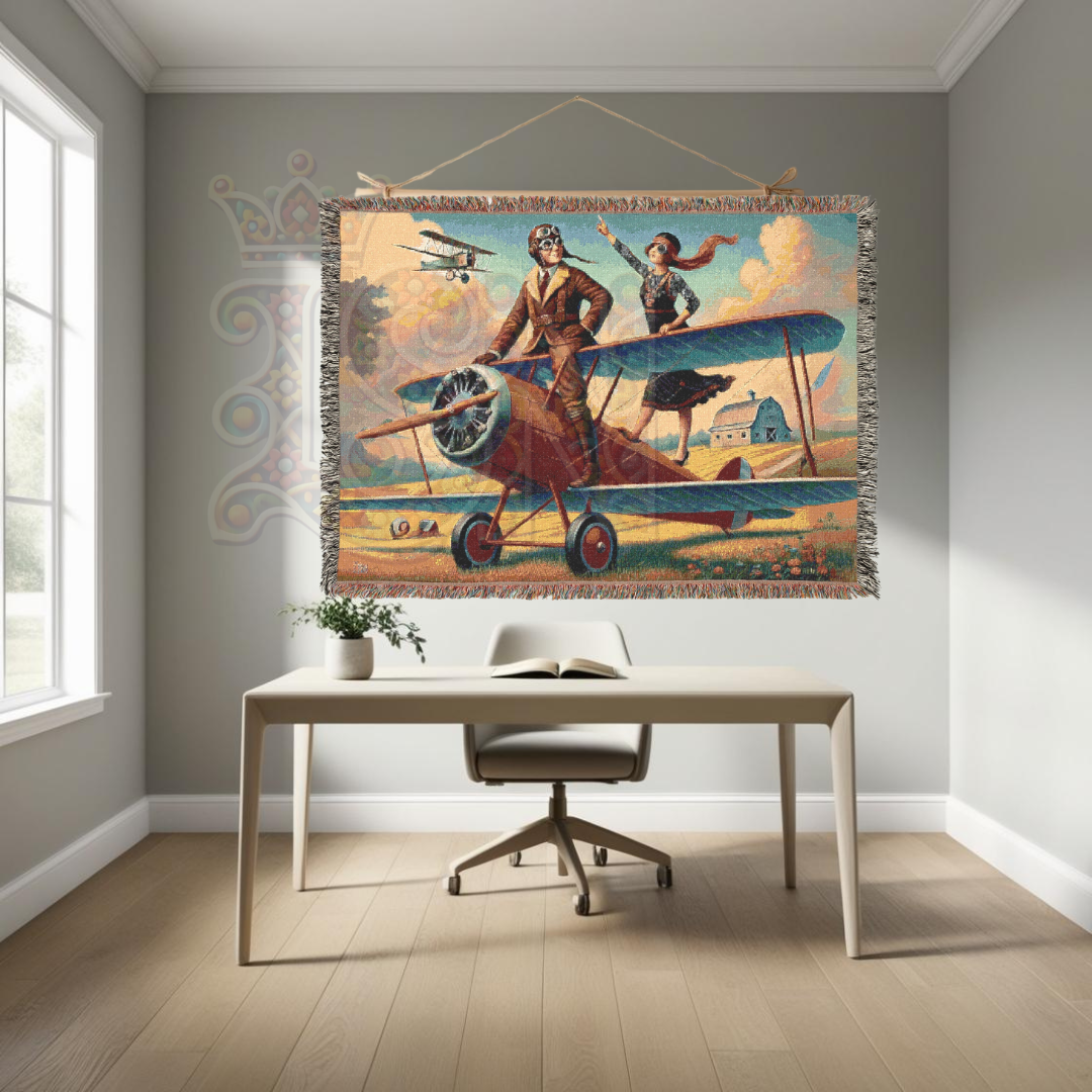 Vintage Aviation Woven Blanket - 100% Cotton Barnstormer Tapestry - Pilot Adventure Throw - Retro Flight Home Decor & Gift