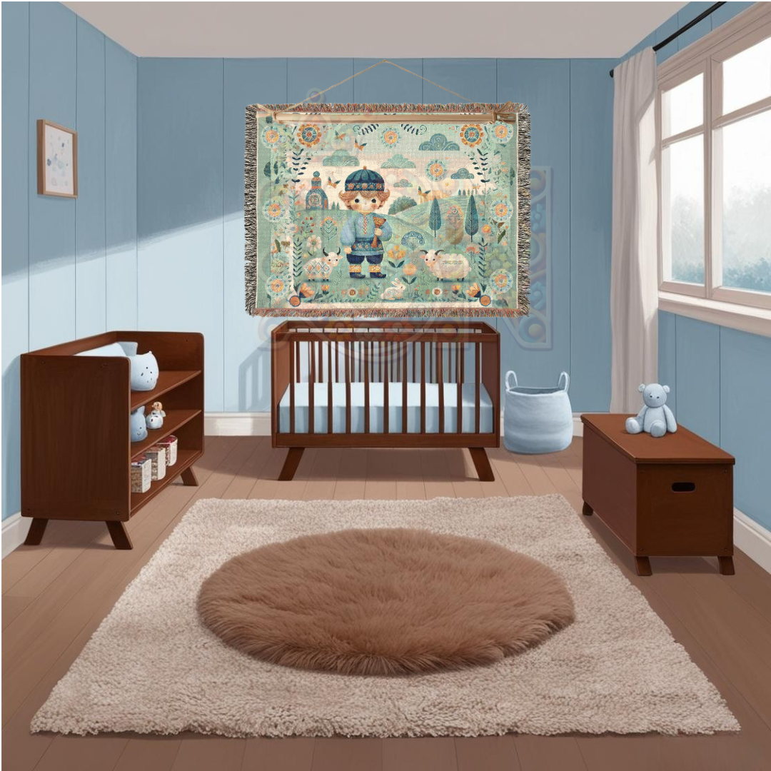 Little Boy Blue Folk Art Shepherd Woven Blanket – 100% Cotton Tapestry Throw – Cottagecore Boy with Sheep & Village Scene, Cozy Farmhouse Decor