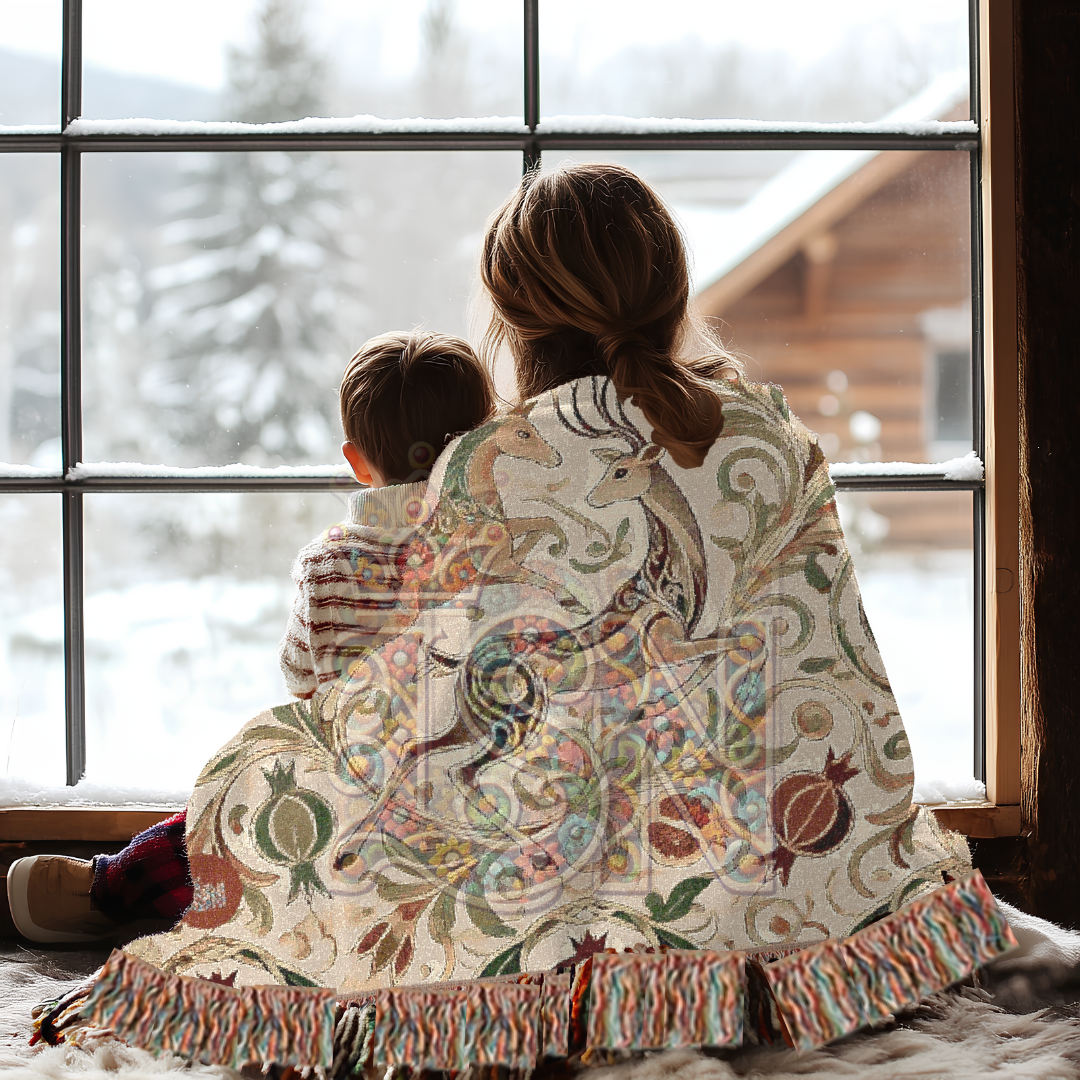 Regal Dance Crowned Stags & Pomegranates Woven Blanket – Noble Nature-Inspired Throw, Elegant Gift for Art Lovers