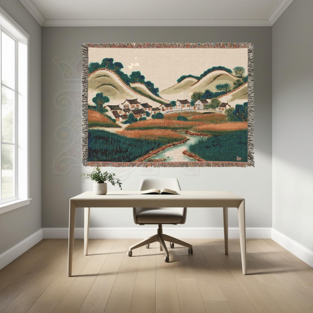 Valley of Harmony – Asian Korean Landscape Woven Blanket with Hillside Village Scene