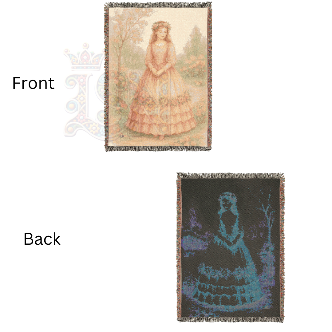 Dreaming Fairy Maiden – Fairycore Woven Blanket with Soft Pastel Floral Garden