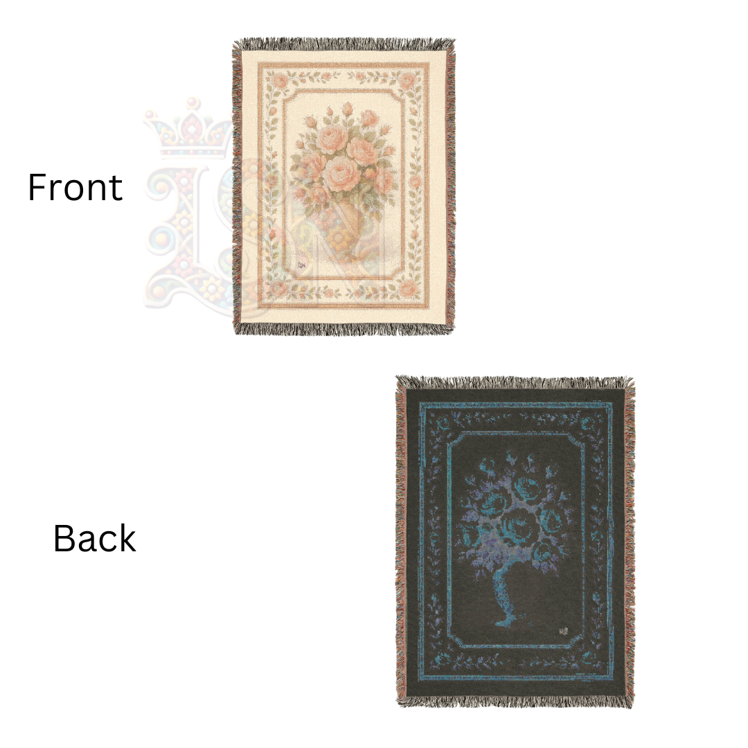 Rose Vase Reverie Fairycore Woven Blanket – Vintage Floral Throw