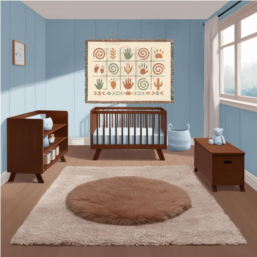 Ancient Echoes – Woven Blanket with Southwest-Inspired Hand, Spiral & Nature Symbols