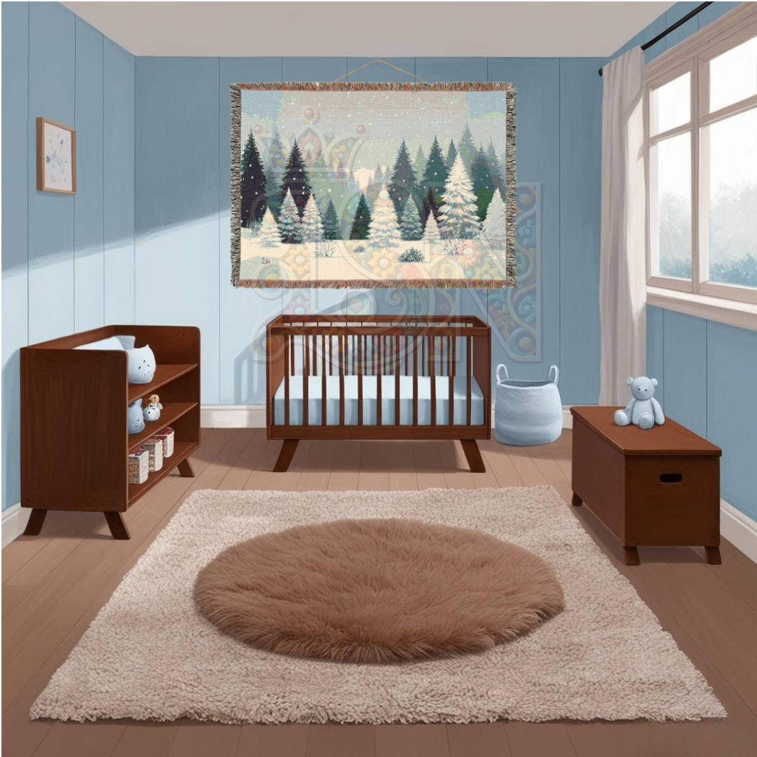 Snowy Forest Winter Woven Blanket – Cozy Snow-Covered Pines Tapestry Throw, Serene Nordic Winter Landscape for Home Decor