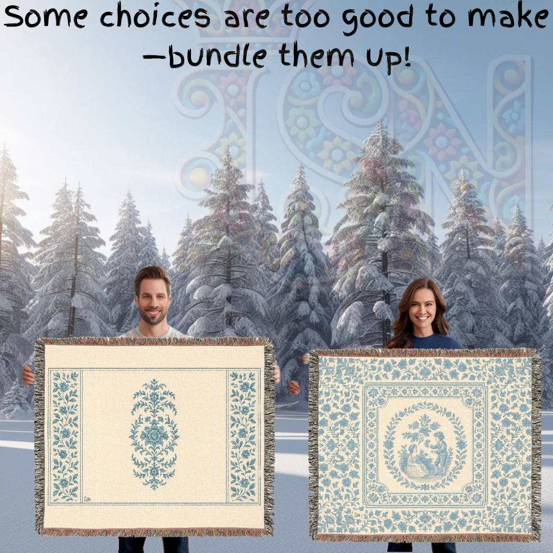 French Country Toile Woven Blanket – Blue & Cream Cotton Throw for Bed, Sofa or Wall Art – Romantic Tapestry Blanket Décor