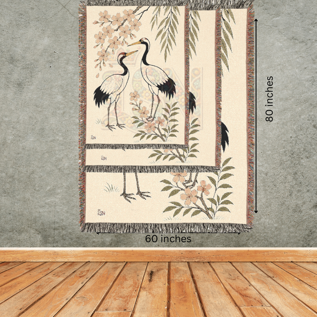 Dance of the Cranes – Woven Blanket with Folk Cranes and Cherry Blossoms