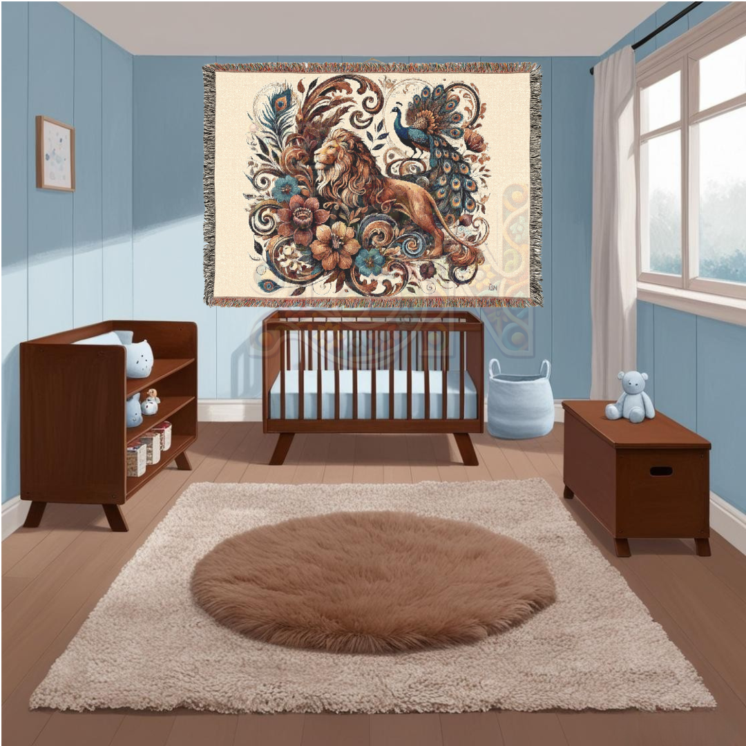 Regal Companions – Woven Blanket with Baroque Lion, Peacock & Floral Scrolls