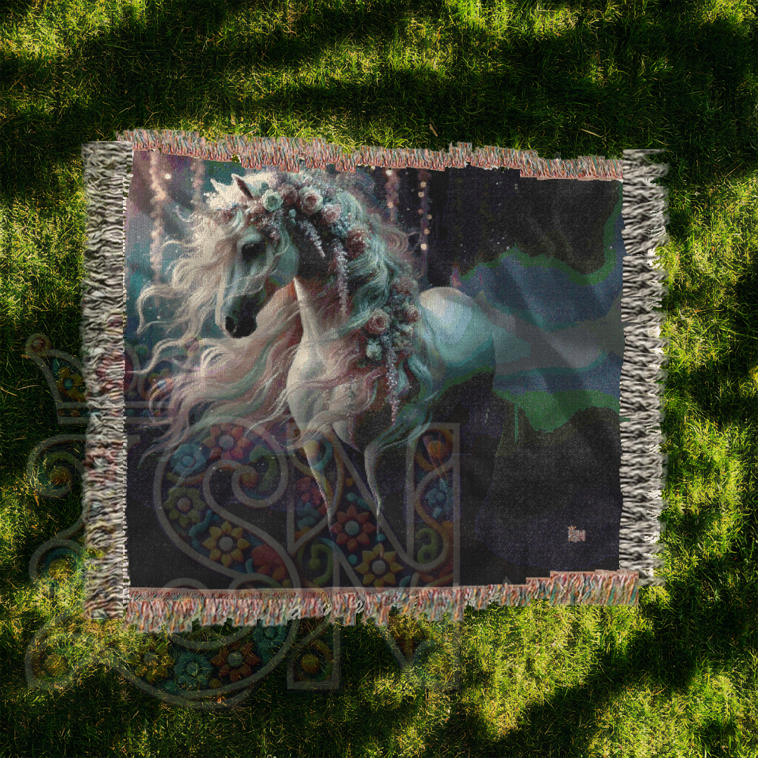 Magical Horse Woven Blanket – Fantasy Tapestry Throw – Mystical Horse with Floral Mane – Fairy Tale-Inspired Decor – Cozy Cottagecore & Gothic Aesthetic