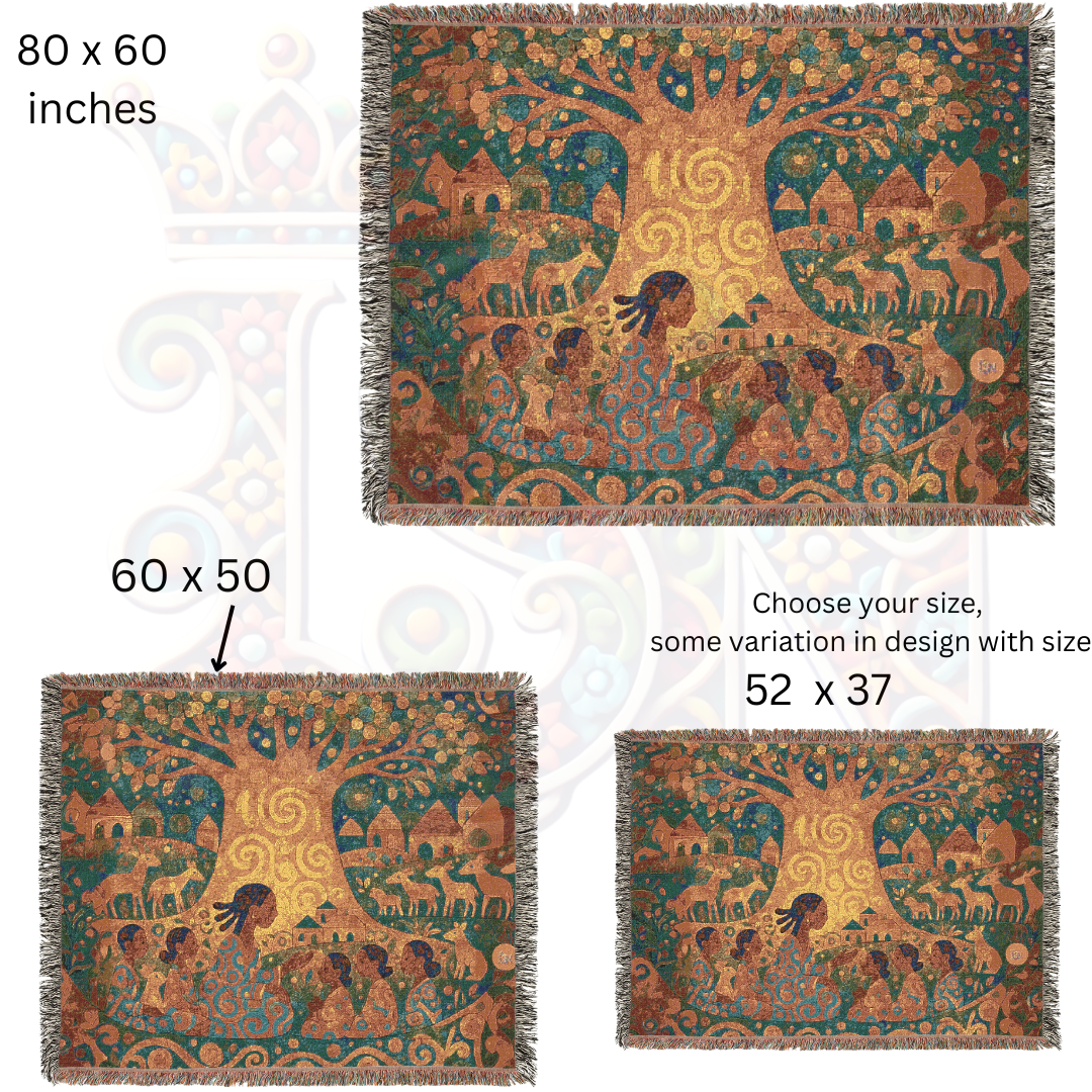 The Tree That Taught the Village – African Folk Art Woven Blanket, Story Throw, Cultural Gift, Nature-Inspired Textile for Home Decor & Learning Spaces