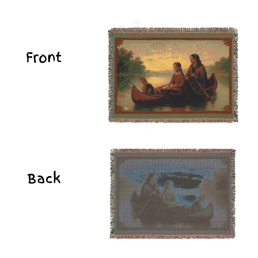 The Journey Home – Frontier Canoe Woven Blanket, Folk Art Throw Featuring Mother, Daughter & Cat at Sunset