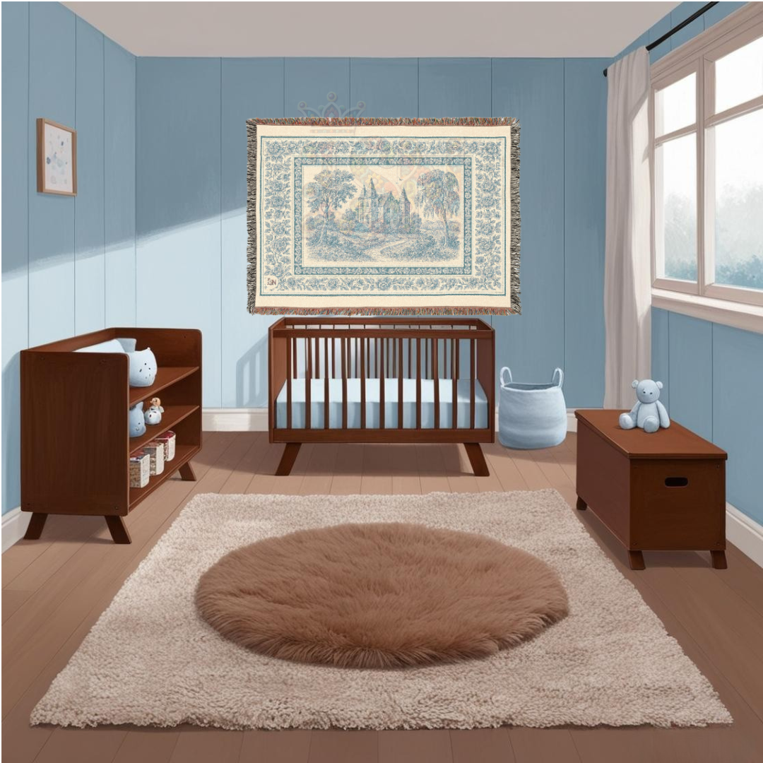 French Chateau Woven Blanket – Blue Toile Cotton Throw or Wall Tapestry with Floral Border & Manor Scene – Elegant Storybook Decor