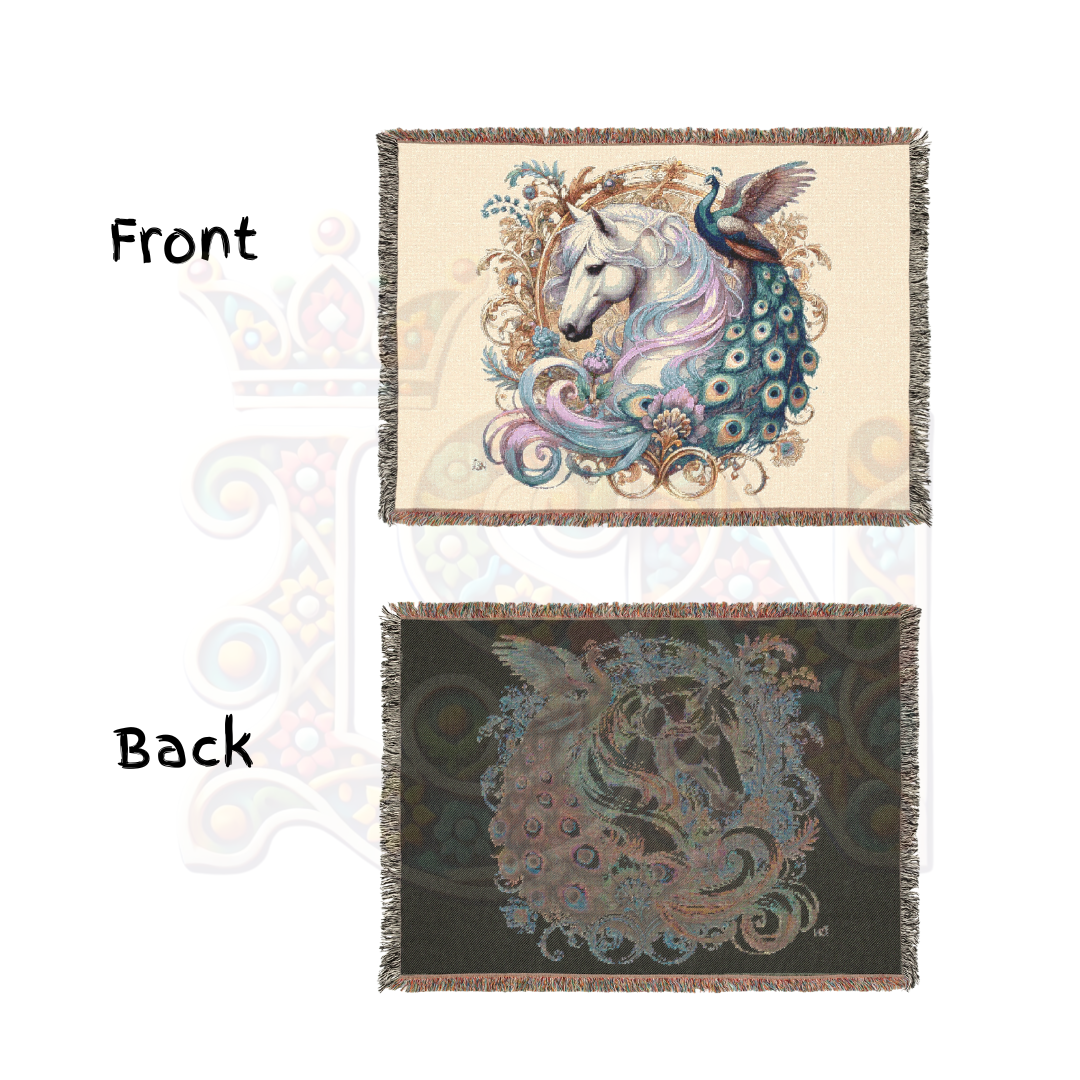 White Horse & Peacock Woven Blanket – 100% Cotton Tapestry Throw in White – Elegant Boho Decor, Cozy Art Blanket, Unique Gift, Luxury Home Accent