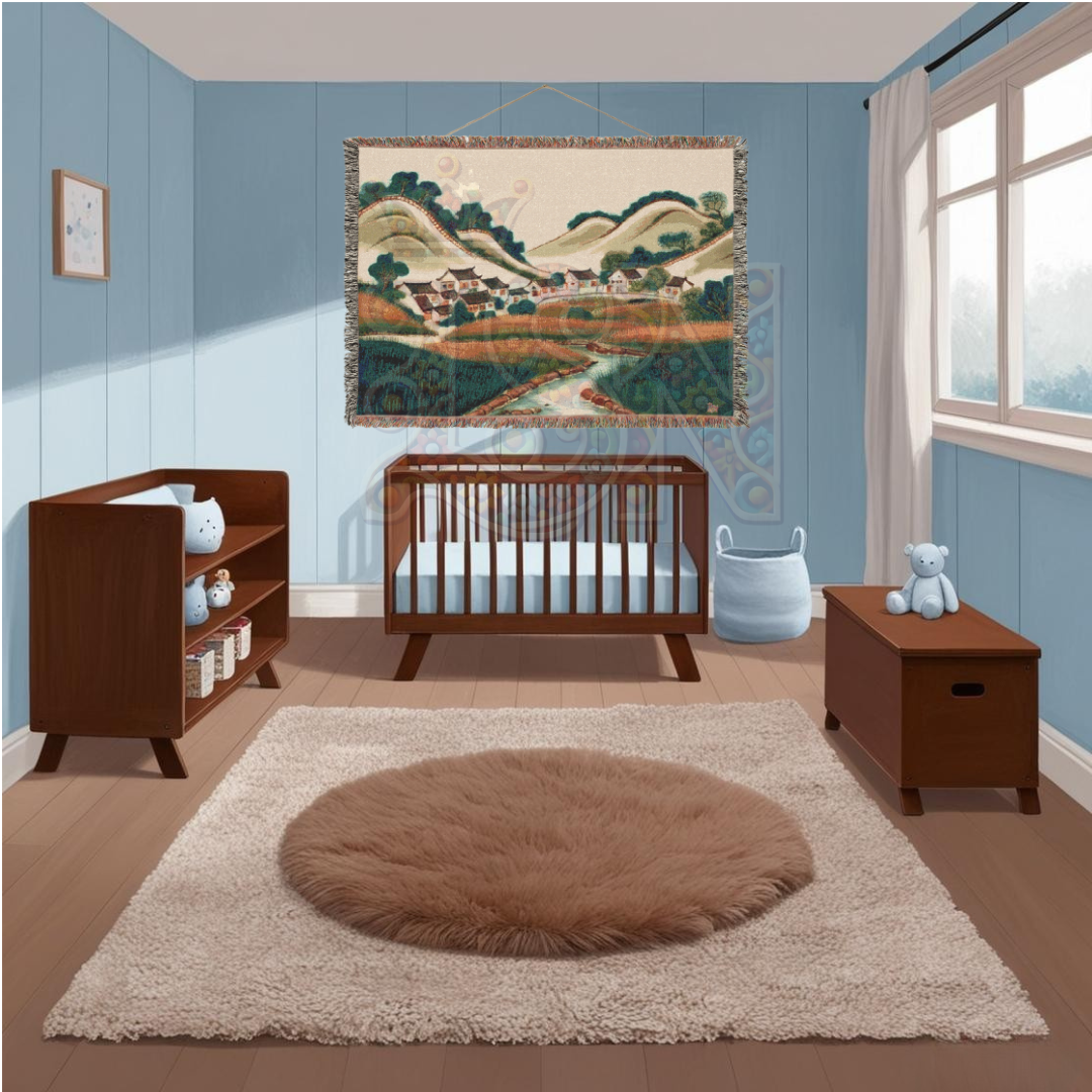 Valley of Harmony – Asian Korean Landscape Woven Blanket with Hillside Village Scene