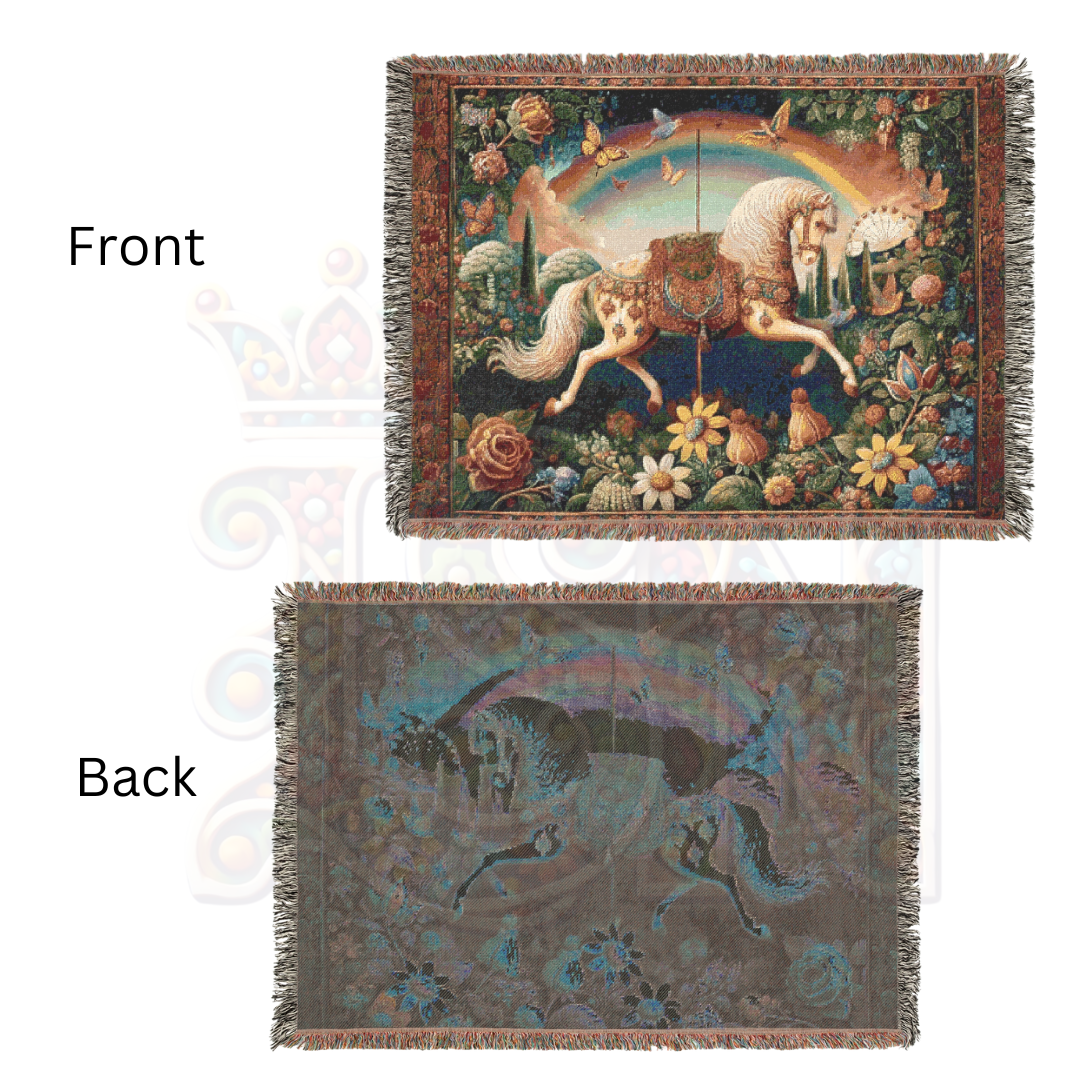 Enchanted Carousel Horse Woven Blanket, 100% Cotton Tapestry Throw, Fantasy Home Decor, Floral Fairytale Art