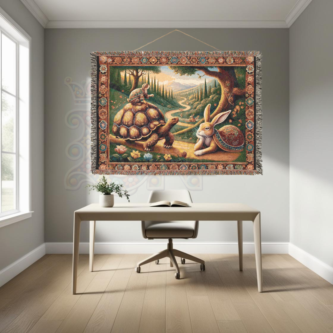 Tortoise and Hare Woven Blanket - 100% Cotton Fable Throw - Aesop’s Storybook Tapestry - Woodland Nursery Decor - Whimsical Folk Art