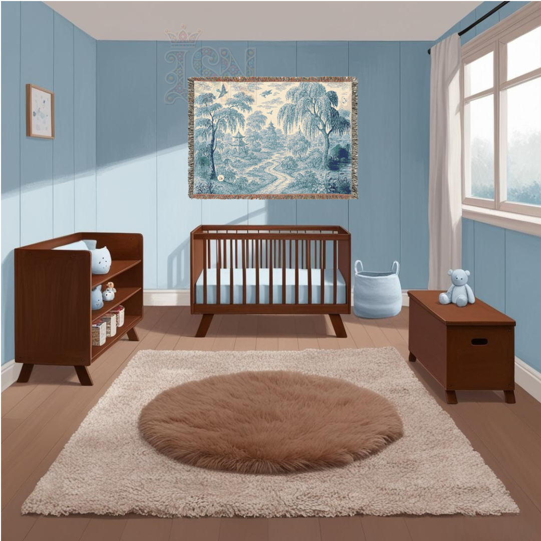 Pagoda Garden Woven Blanket – Blue Willow Landscape Tapestry Throw with Trees, Birds & Stream – 100% Cotton Calm & Serene Decor