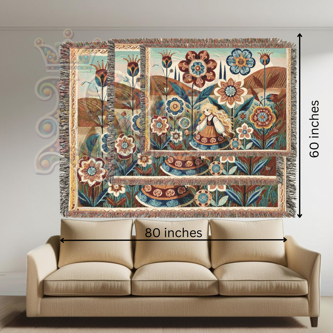 Folk Art Woven Blanket – Golden-Haired Maiden in an Enchanted Floral Field | Boho Nordic Storybook Tapestry Throw for Cozy Home Decor