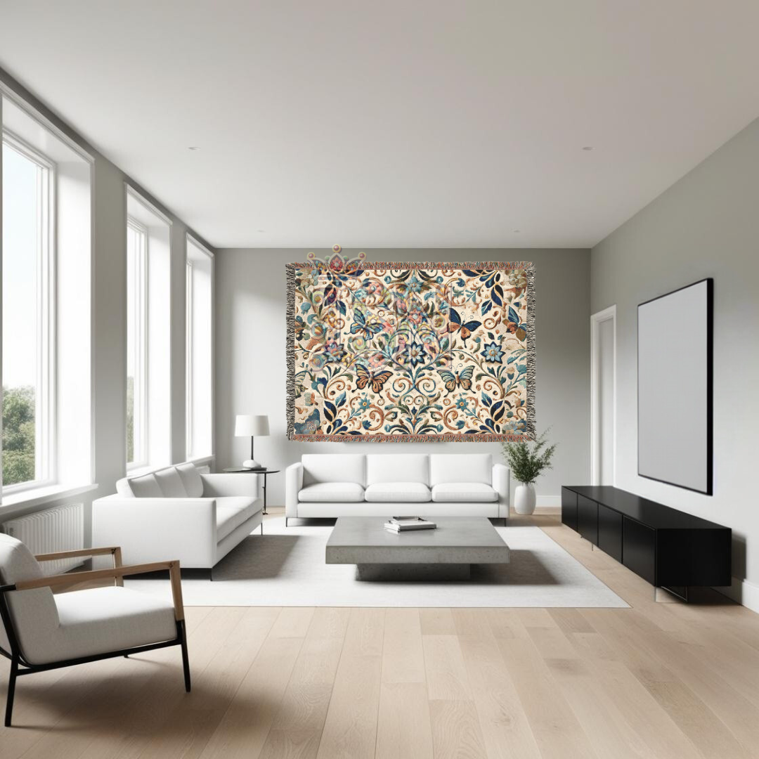 Garden Whispers Blue Butterfly Folk Art Woven Blanket – Serene Nature-Inspired Throw with Elegant Butterflies & Floral Motifs