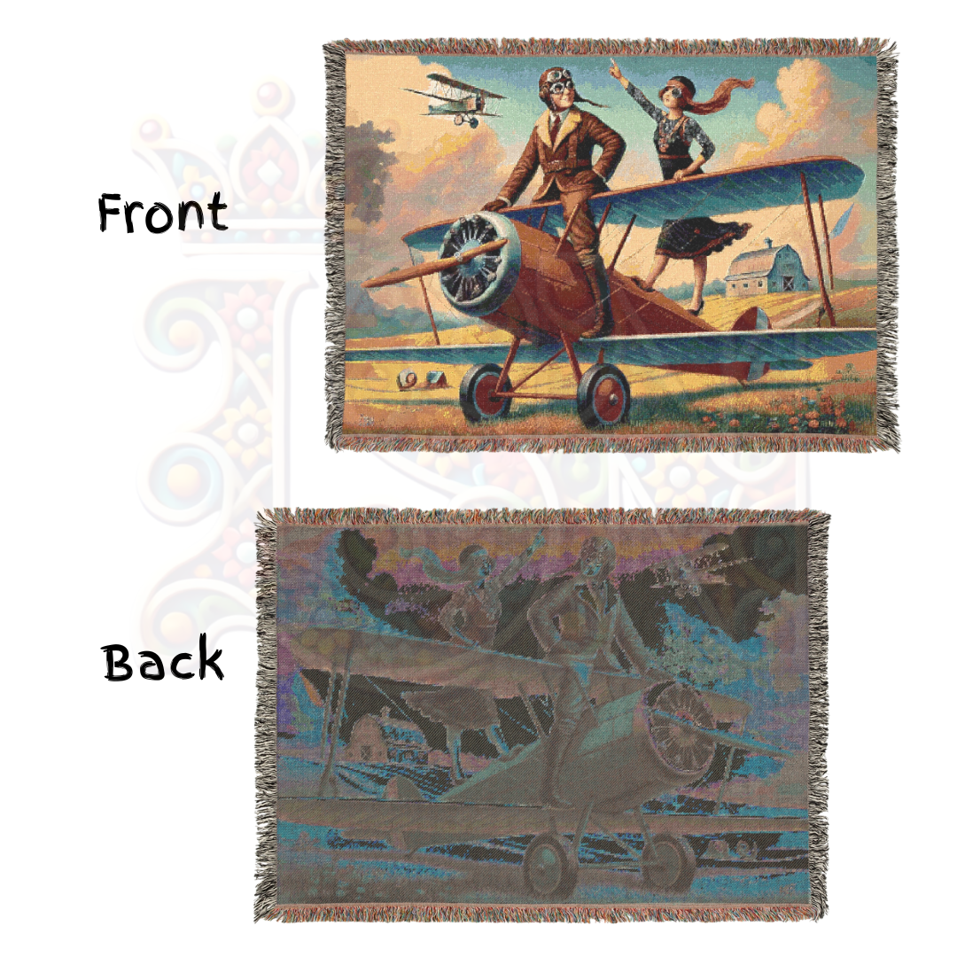 Vintage Aviation Woven Blanket - 100% Cotton Barnstormer Tapestry - Pilot Adventure Throw - Retro Flight Home Decor & Gift