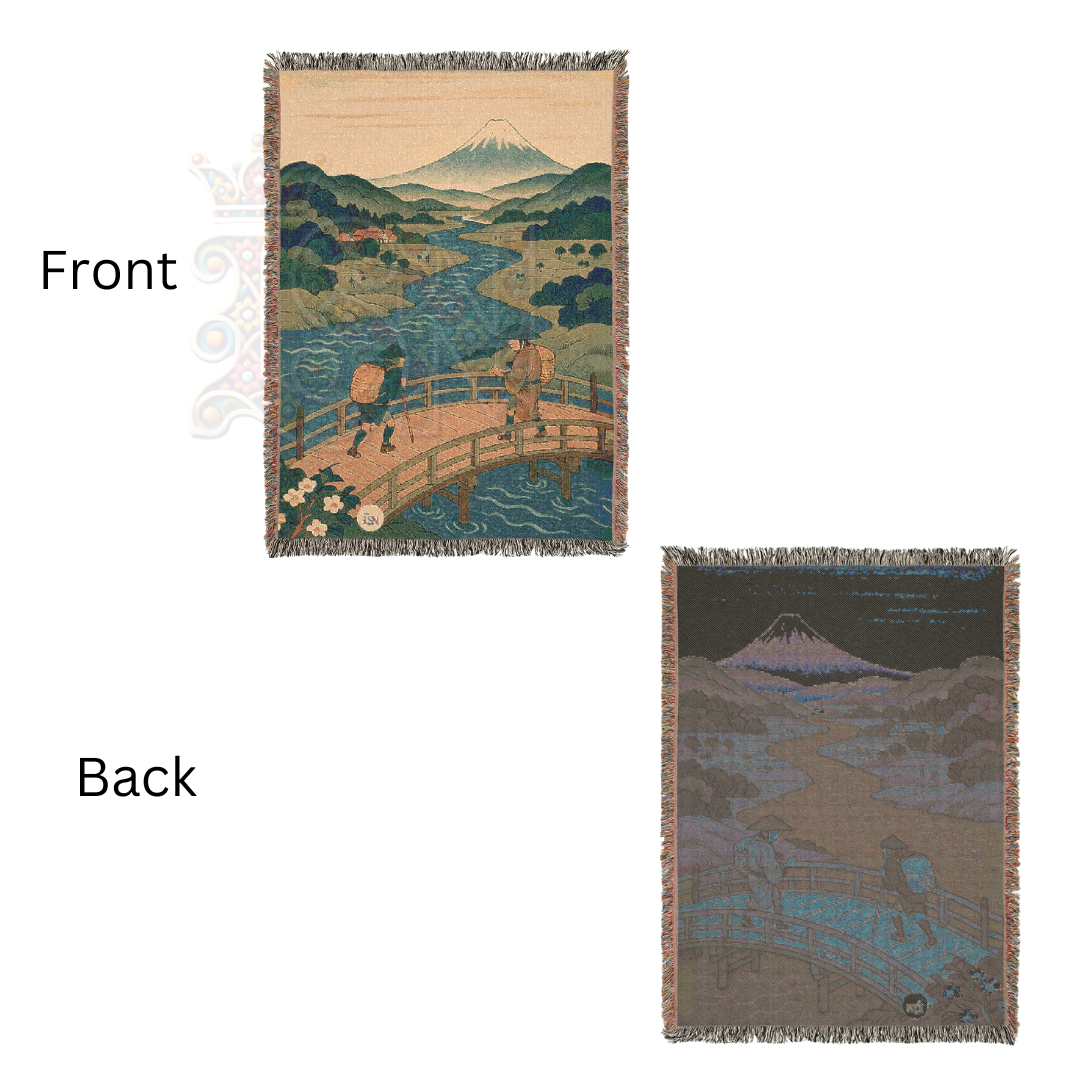 Bridge to the Mountain – Japanese Ukiyo-e Style Woven Blanket with River and Travelers