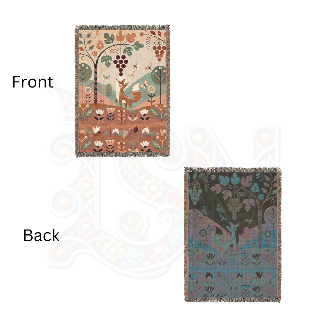 Folk Art Fox and Grapes Woven Blanket – 100% Cotton Throw for Cozy Woodland Decor