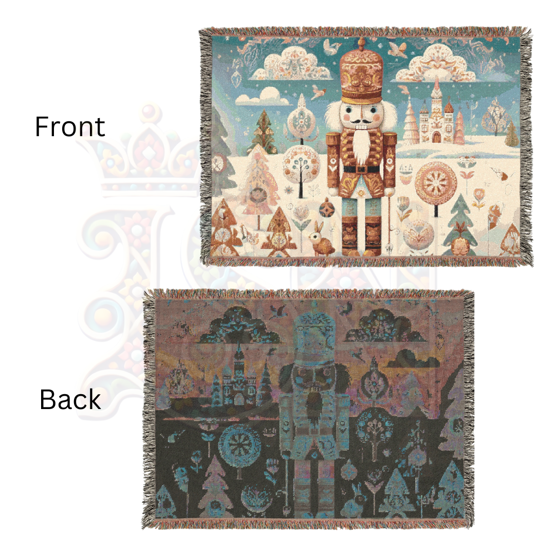 Whimsical Nutcracker Woven Blanket – 100% Cotton Holiday Tapestry, Fairytale Ballet Throw, Cozy Holiday Storybook Decor