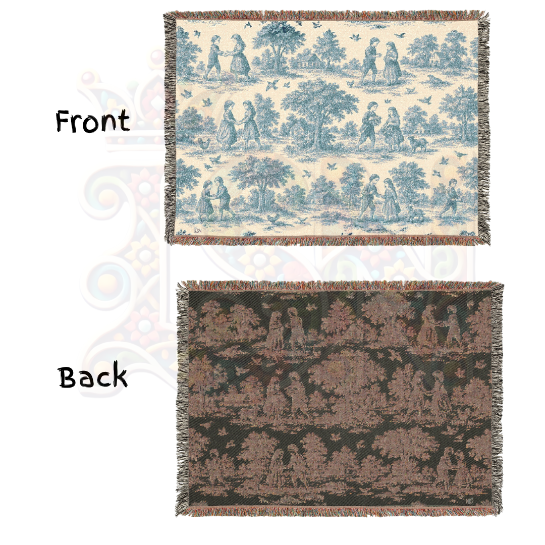 French Toile Woven Blanket – Blue & Cream Pastoral Scene Throw or Tapestry with Repeating Vintage Vignettes – 100% Cotton Cozy Decor