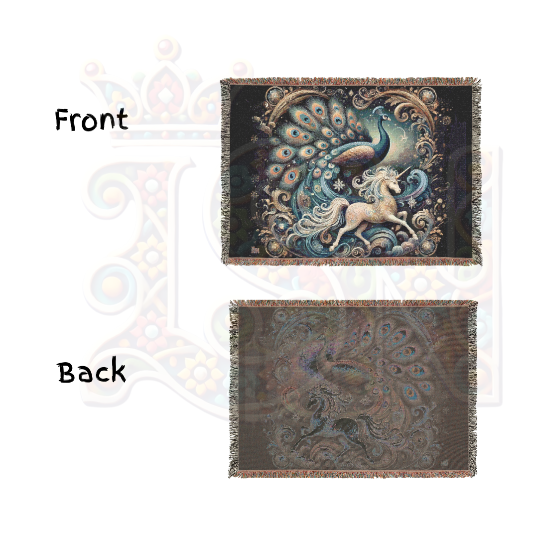 Peacock & Unicorn Woven Blanket | 100% Cotton Fantasy Tapestry | Gothic Fairytale Throw | Celestial Art Decor | Enchanted Cozy Gift